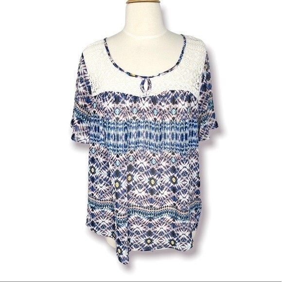 Daniel Rainn Blouse White Crochet Lace Bib Keyhole Kaleidoscope Print Sheer Top - Picture 1 of 6